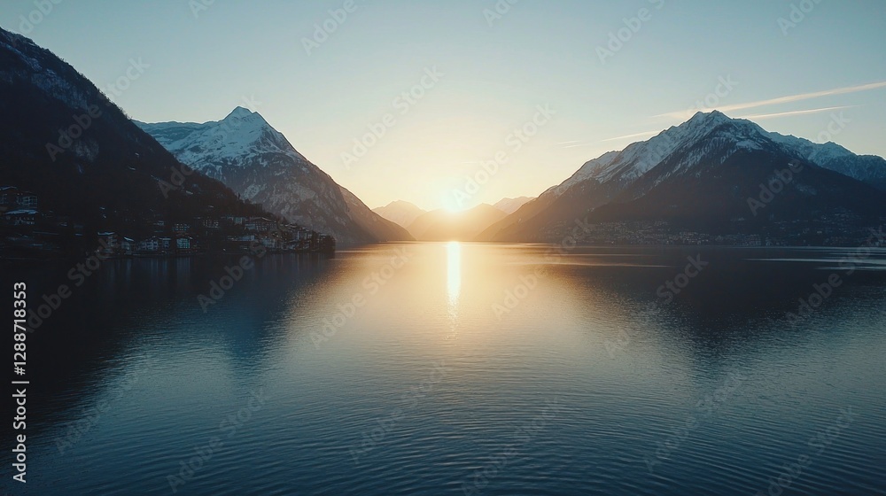 A serene lake surrounded by snow-capped mountains at sunrise, with soft morning light casting reflections on the calm water A serene lake surrounded by snow-capped mountains at sunrise, with soft morning light casting reflections on the calm water