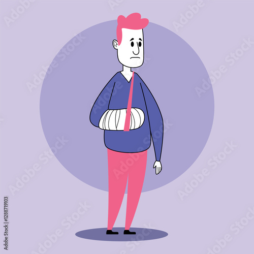 Young man standing looking concerned, his arm is wrapped in bandages. Injury and wounds concept