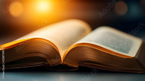 Plakat An open book with glowing pages, symbolizing knowledge and enlightenment. Perfect for educational themes or literary inspiration.