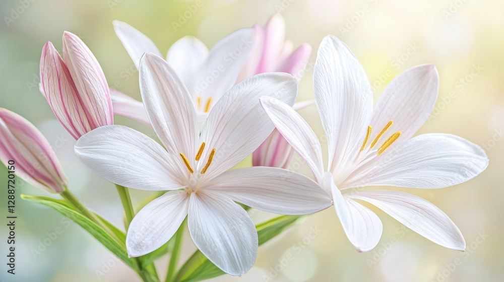 Fototapeta premium A magical glowing spring background inside the studio, featuring softly illuminated petals and a dreamy golden atmosphere