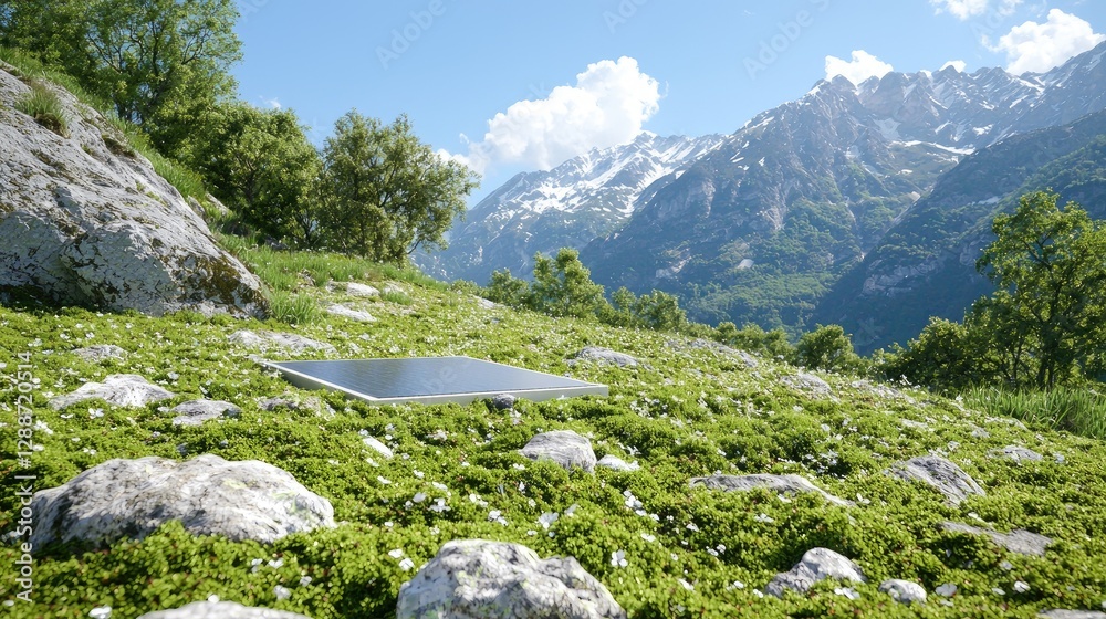 Solar panel in mountain meadow, clean energy Solar panel in mountain meadow, clean energy