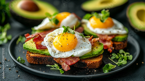 A fresh avocado bacon toast with poached egg