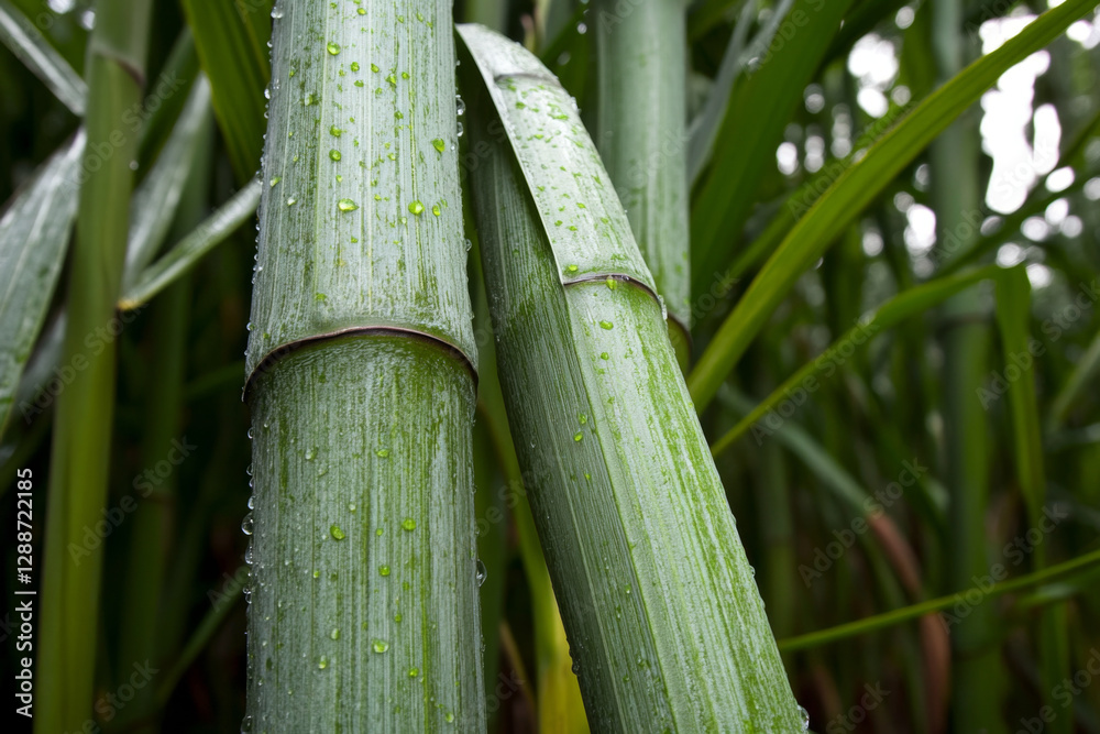 Obraz premium Raindrops cling to thick green bamboo stalks in a lush forest, showcasing nature's beauty after a recent rain shower in the early morning light