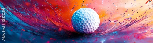 Stylized sportsthemed digital artwork, golf ball at the center with multicolored splashes radiating outward, abstract motion design, bold color palette, 8K UHD photo