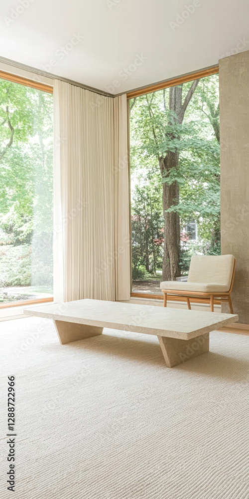Fototapeta premium Contemporary living space with large windows showcasing natural greenery