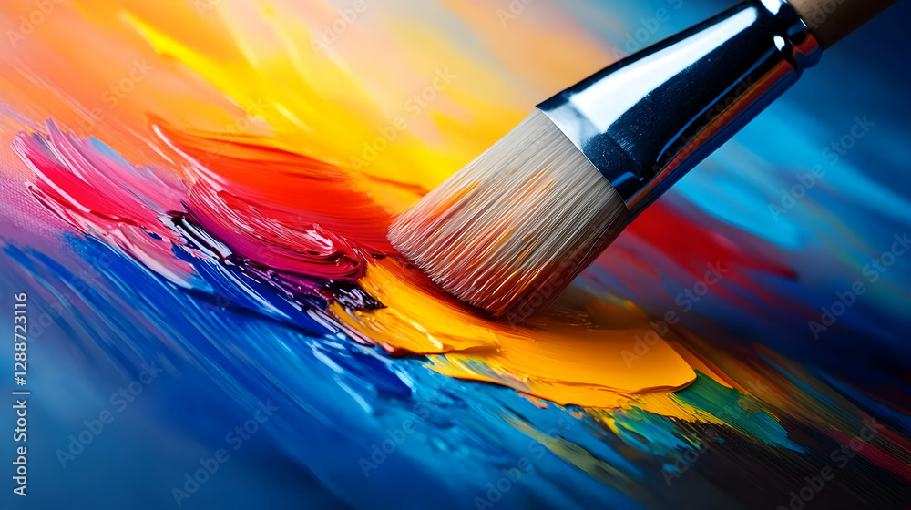 Obraz premium A close-up of a paintbrush blending vibrant colors on a canvas, showcasing creativity and artistic expression.