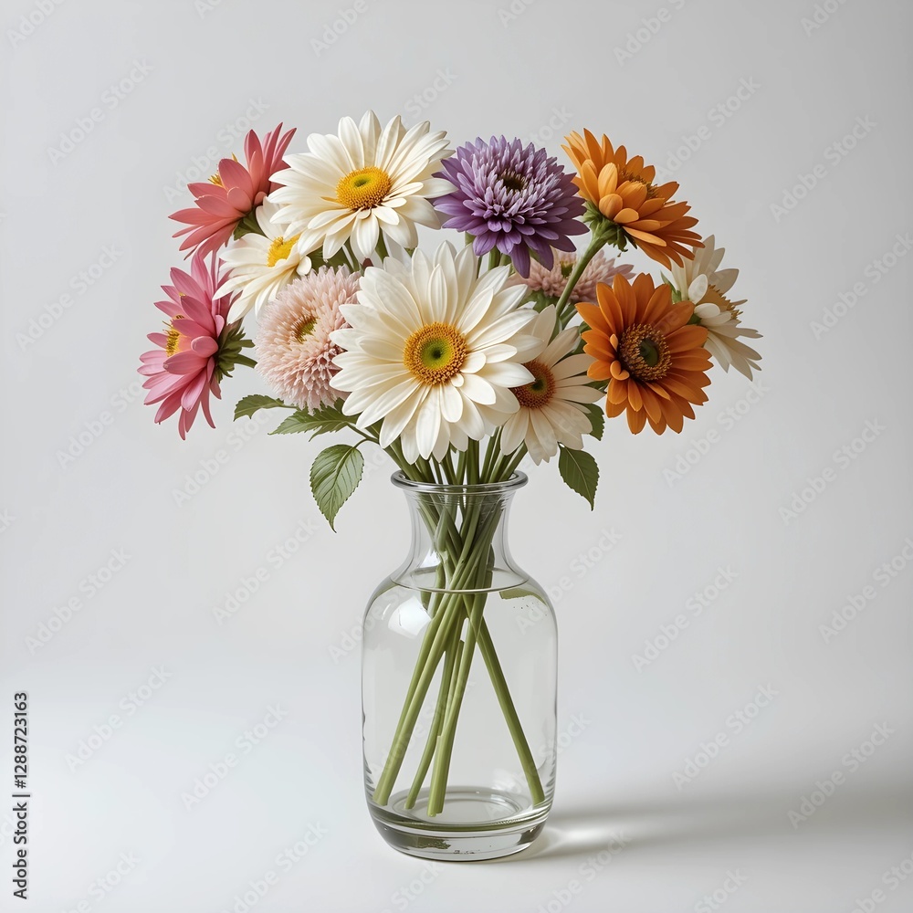 Glass vase with fresh flowers on a white background.
