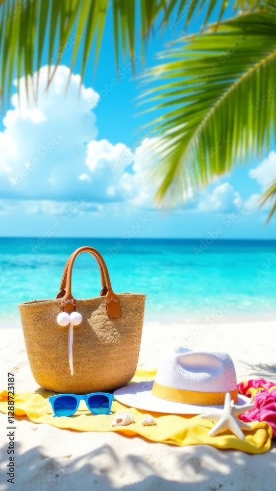 straw beach bag, white sun hat with yellow ribbon, blue sunglasses, and yellow towel on sand under palm leaves, turquoise ocean and in background, concept of summer travel and tropical vacation straw beach bag, white sun hat with yellow ribbon, blue sunglasses, and yellow towel on sand under palm leaves, turquoise ocean and in background, concept of summer travel and tropical vacation
