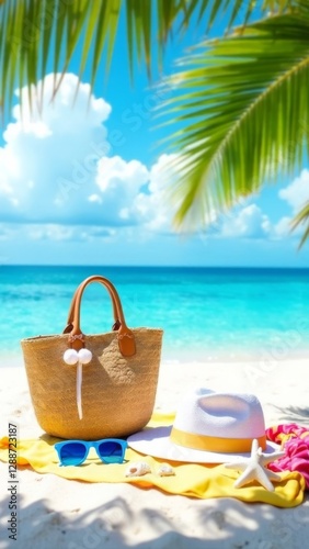 straw beach bag, white sun hat with yellow ribbon, blue sunglasses, and yellow towel on sand under palm leaves, turquoise ocean and in background, concept of summer travel and tropical vacation