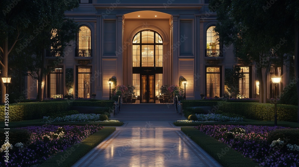 Obraz premium Elegant Mansion Entrance Illuminated At Night