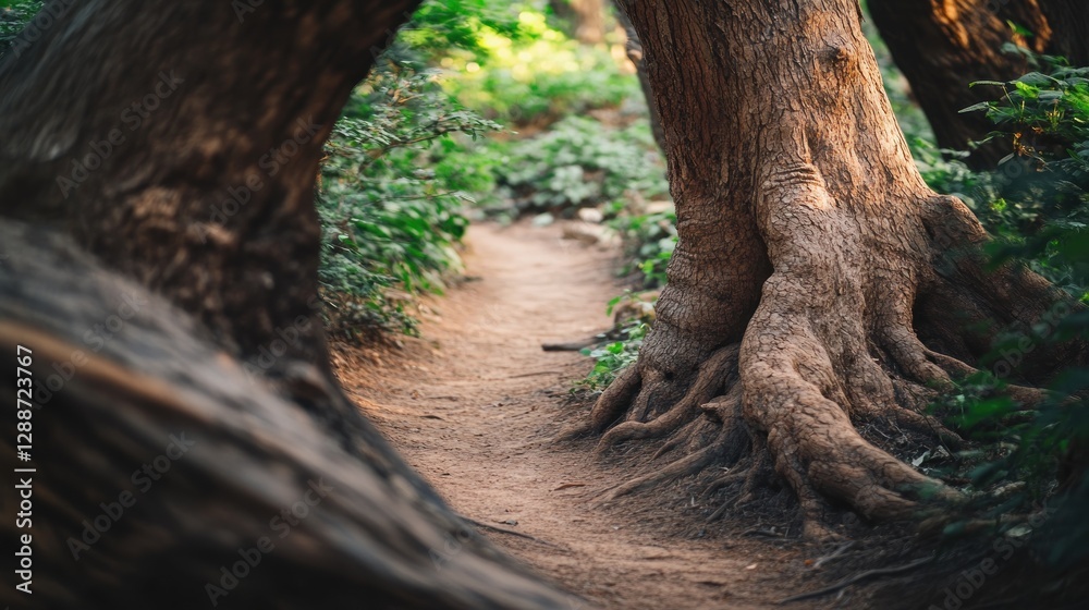Forest path winding between ancient trees, sunlight dappled, nature background, travel brochure Forest path winding between ancient trees, sunlight dappled, nature background, travel brochure