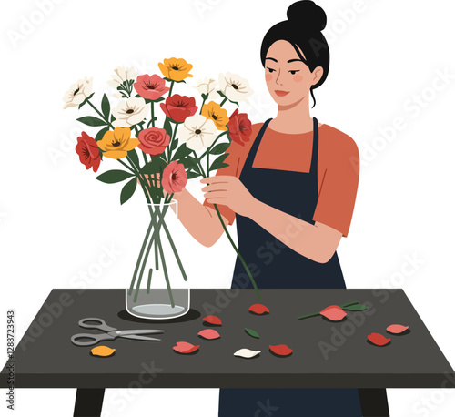 Woman arranging colorful flowers in a detailed flat design vector art