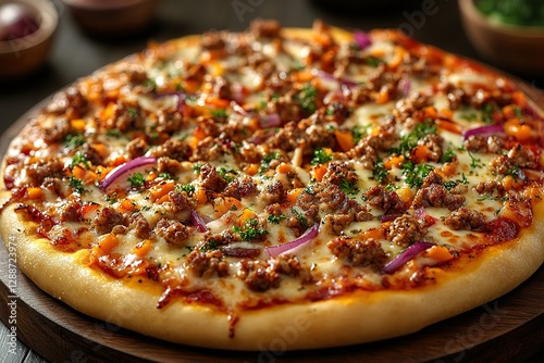 Delicious pizza topped with seasoned ground meat mozzarella and fresh herbs Served on a wooden board ready to enjoy