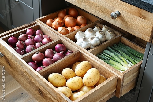 Organized kitchen drawer filled with onions garlic scallions and potatoes in wooden containers shows freshness and kitchen style
