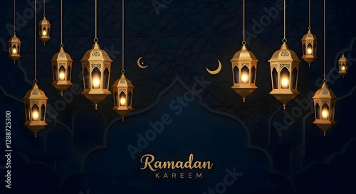 Elegant Ramadan Kareem Background with Hanging Lanterns and Geometric Islamic Patterns - Festive Islamic Design for Ramadan Celebration 1