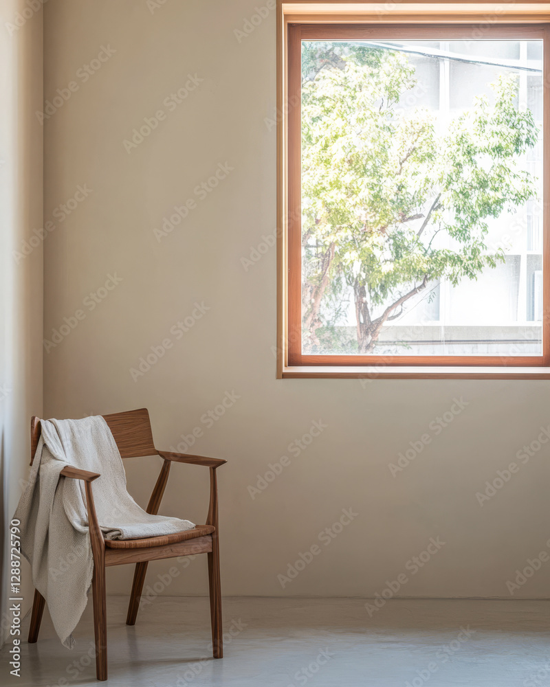 Fototapeta premium Cozy interior with wooden chair and large window showcasing a tree outside during daytime
