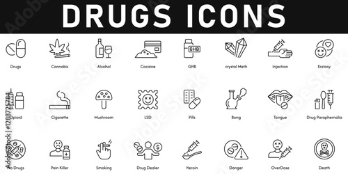Drugs Icons vector illustration with thin line editable stroke containing cannabis, death, overdose, danger, painkiller, pills, mushroom, injection, cocaine, alcohol, bong, heroin, drug dealer, LSD.