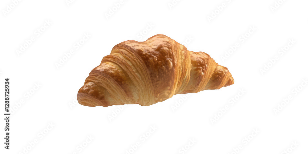 Freshly baked golden croissant placed on a clean surface, showcasing its flaky layers and texture