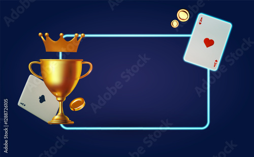 Online casino, welcome bonus, win banner, jackpot, poker, card suits, cards, money and win cup with crown