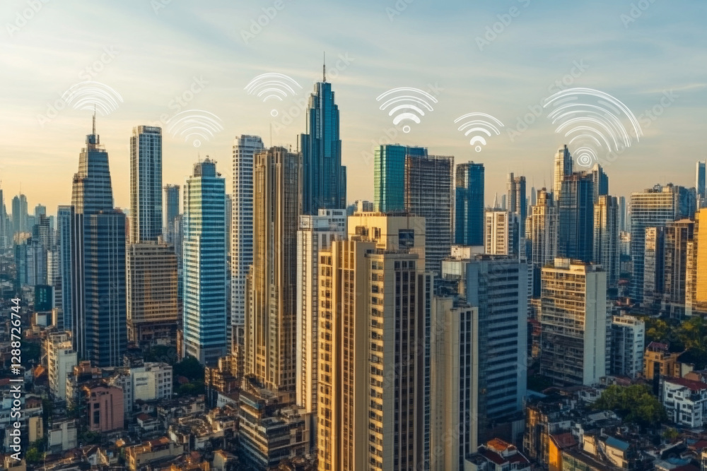Obraz premium A sprawling city skyline features high-rise buildings under a warm sunset. Digital connectivity symbols hover above, signifying advancements in technology and urban life