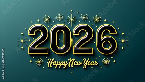 2026 new year celebration, golden numbers, festive text, glowing sparkles, teal background, 3D lettering, elegant design, holiday greeting, shimmering effects, luxurious gold details