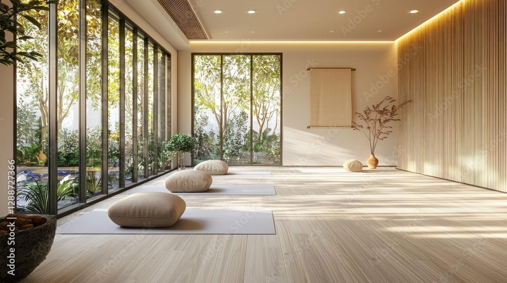 Fototapeta premium Serene yoga studio with bamboo floors and natural lighting creating a calm and peaceful atmosphere