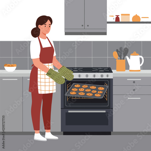 Woman taking freshly baked cookies out of the oven in flat vector art