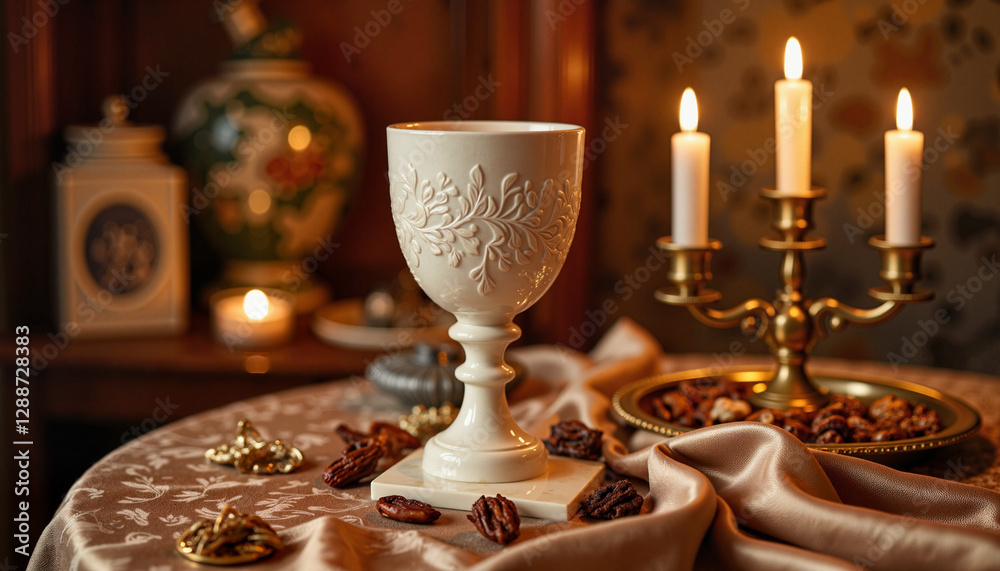Fototapeta premium Elegant marble goblet with vine engravings on silk table, symbol of wealth