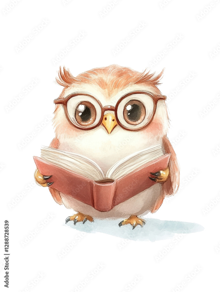 Fototapeta premium Watercolor painting of a cute owl reading a book in a whimsical and colorful forest setting isolated on transparent background.