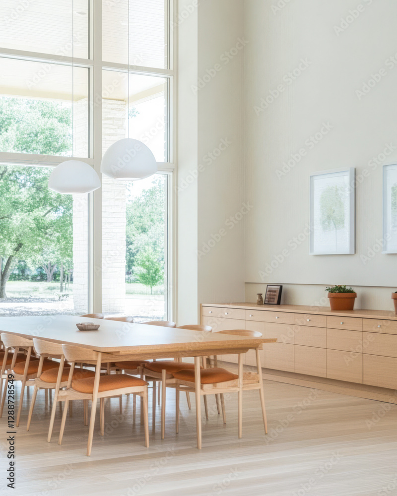 Fototapeta premium Modern dining area with natural light and minimalist design in a spacious home