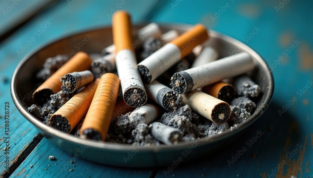 Metal tray filled with stubs on blue wood surface, burnt remains, ash, cigarette butts Metal tray filled with stubs on blue wood surface, burnt remains, ash, cigarette butts