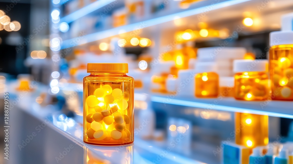 A close-up of a bright orange pill bottle amid a well-organized pharmacy shelf filled with various medication containers. A close-up of a bright orange pill bottle amid a well-organized pharmacy shelf filled with various medication containers.