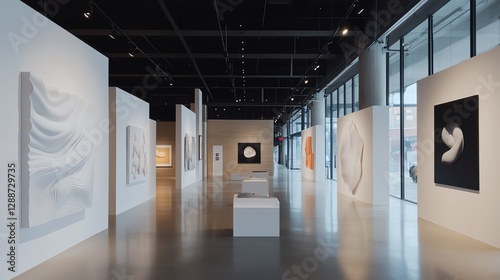 A gallery setting showcasing adhesive art installations