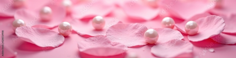 Obraz premium Soft pink pearls scattered on a rose petal background, petals, flowers, nature