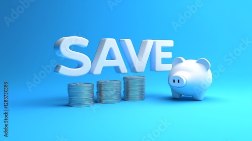 Investment strategies financial market visual art indoor setting elevated perspective coin stacks and bright save word
