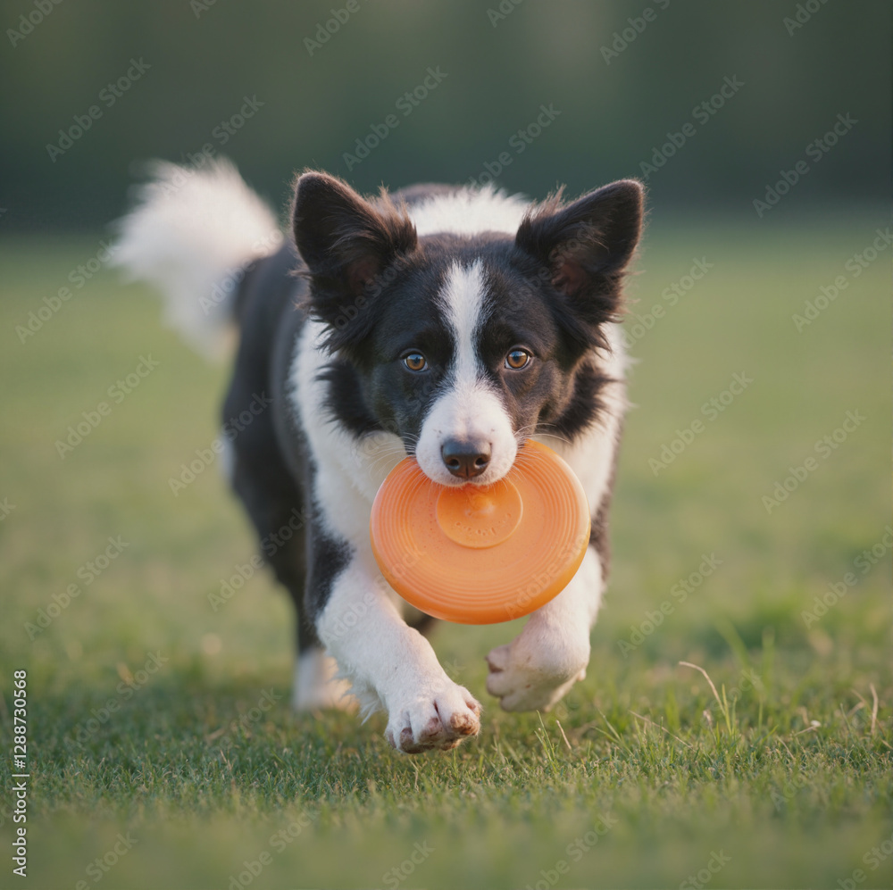 Border Collie retrieves a flying disc on a lush green lawn, capturing a moment of playful energy. Border Collie retrieves a flying disc on a lush green lawn, capturing a moment of playful energy.