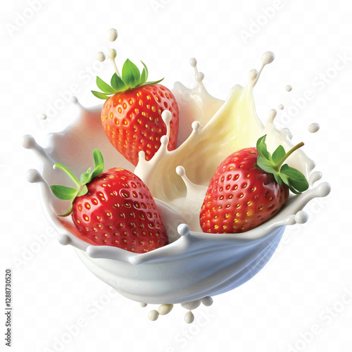 realistic 3d strawberry in a splash of milk or yogurt  isolated on white background	
