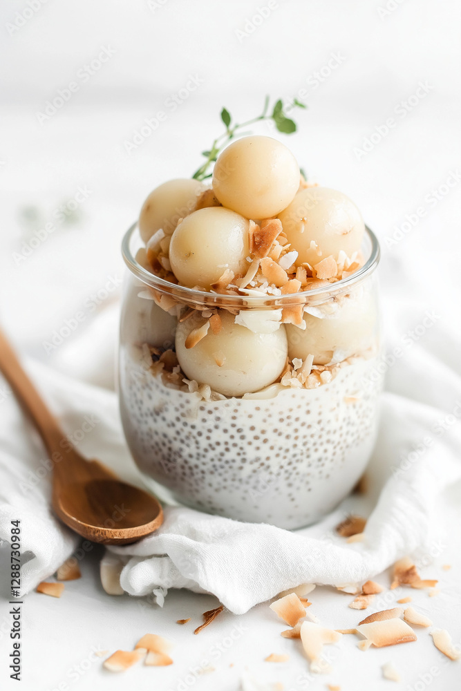 Fototapeta premium Glass jar filled with creamy coconut chia pudding, layered with fresh longan fruit and toasted coconut flakes. Translucent longan spheres catch natural light, complemented by white linen cloth