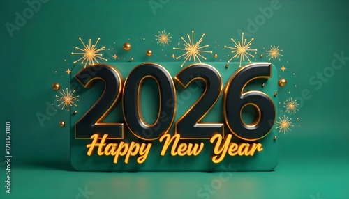 2026 new year celebration, golden glowing numbers, sparklers, fireworks, green background, festive atmosphere, 3D render, metallic text, holiday greeting, shimmering lights, elegant design