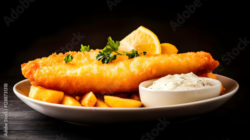 A delicious plate of golden fish and chips garnished with lemon and herbs, served with a tangy dipping sauce. photo