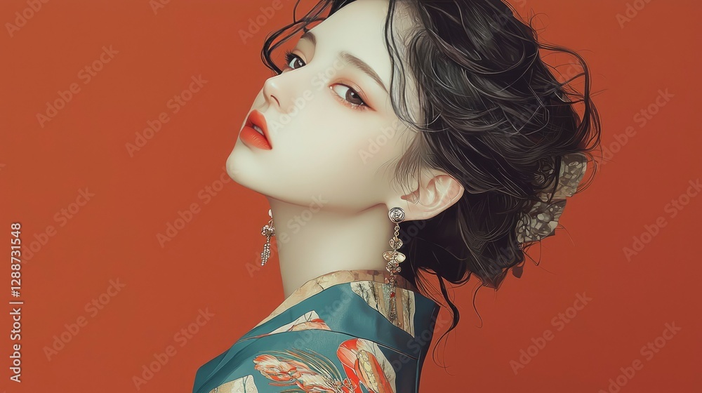 Fototapeta premium Elegant Woman in Traditional Asian Kimono against a Rich Red Background