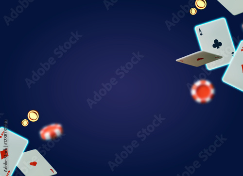 Online casino, welcome bonus, win banner, jackpot, poker, card suits, cards, money and poker chips.