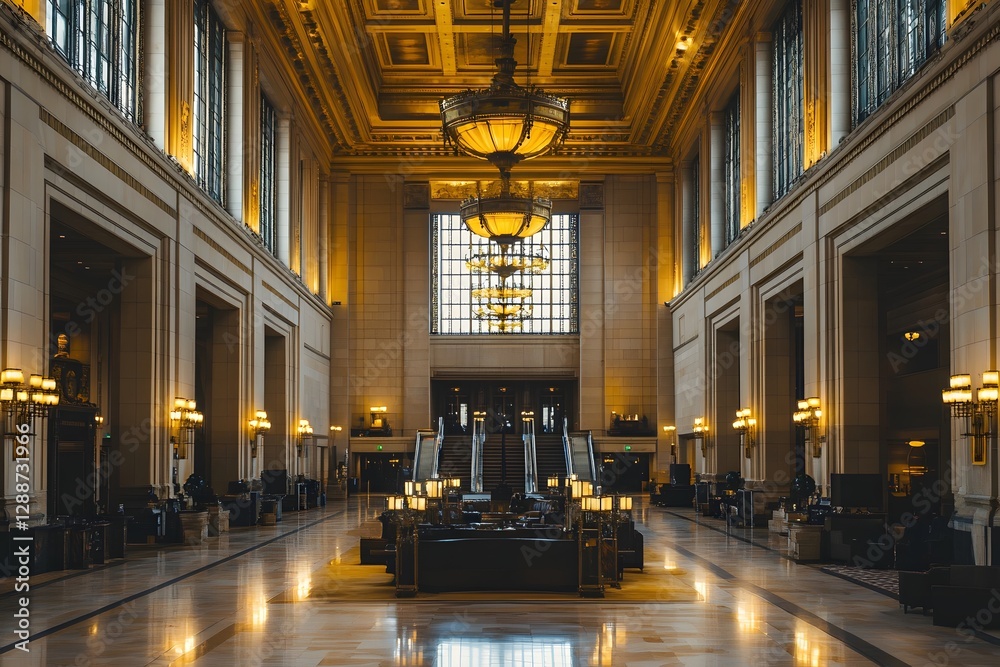Fototapeta premium Grand Hall Interior with Ornate Chandeliers and Marble Flooring