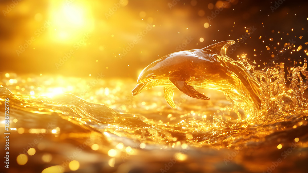 A dolphin leaps joyfully from sparkling golden waters, capturing the essence of freedom and grace under a sunset's warm glow. A dolphin leaps joyfully from sparkling golden waters, capturing the essence of freedom and grace under a sunset's warm glow.