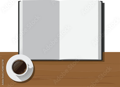 Open book on wooden table with coffee cup in flat vector art