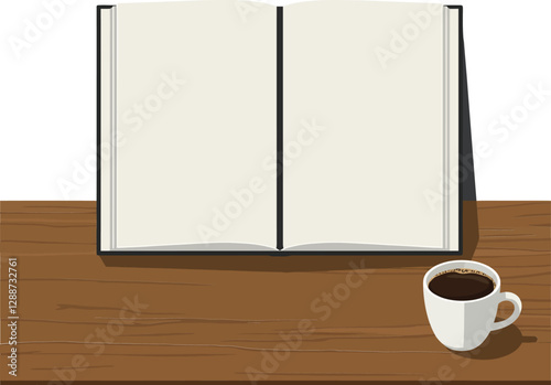 Open book on wooden table with coffee cup in flat vector illustration