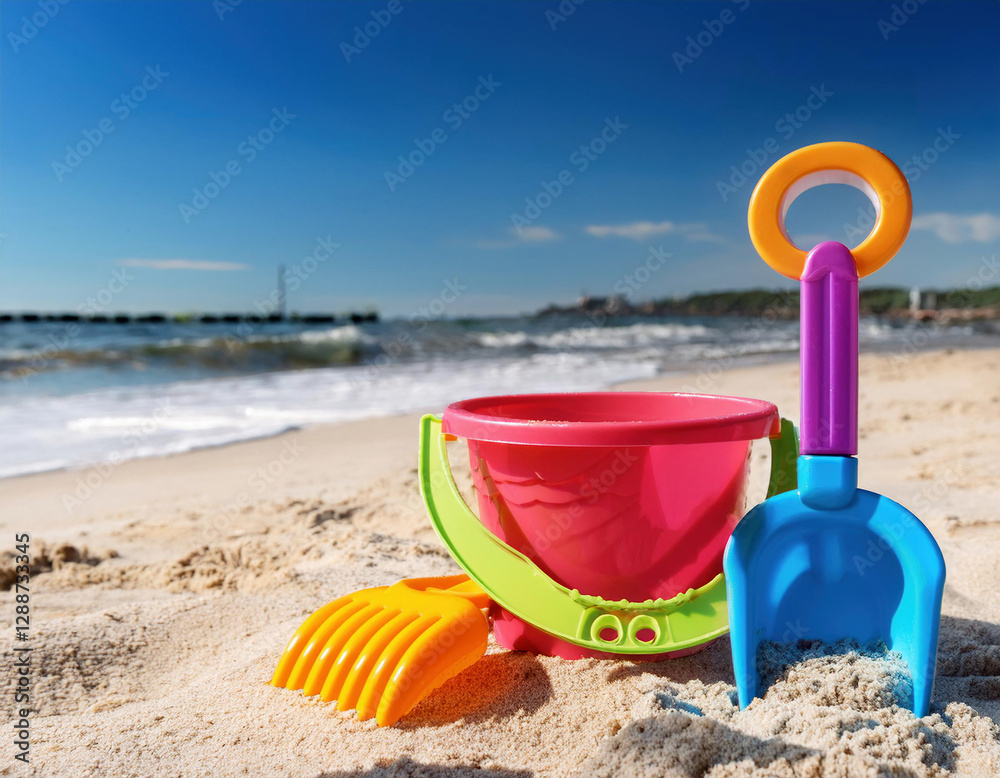 A colorful plastic bucket and shovels are placed on the sandy beach with the ocean and blue sky in the background. A colorful plastic bucket and shovels are placed on the sandy beach with the ocean and blue sky in the background.