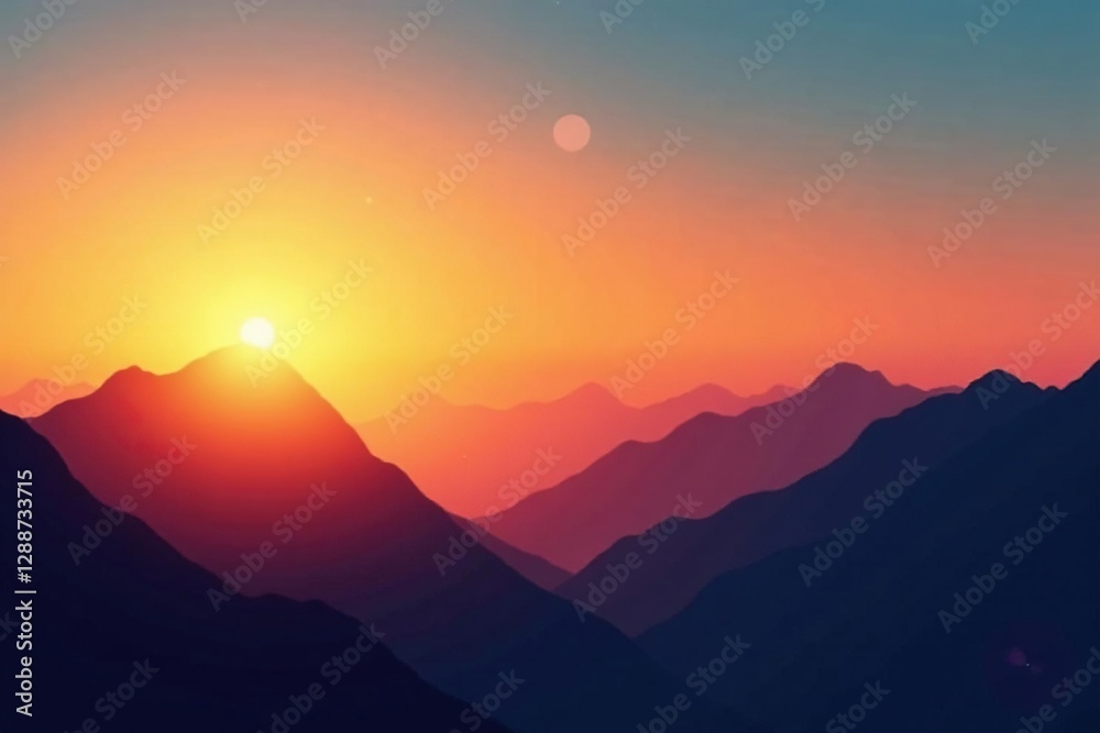 Fototapeta premium Silhouetted mountain peaks bathed in golden sunrise light, dawn, nature