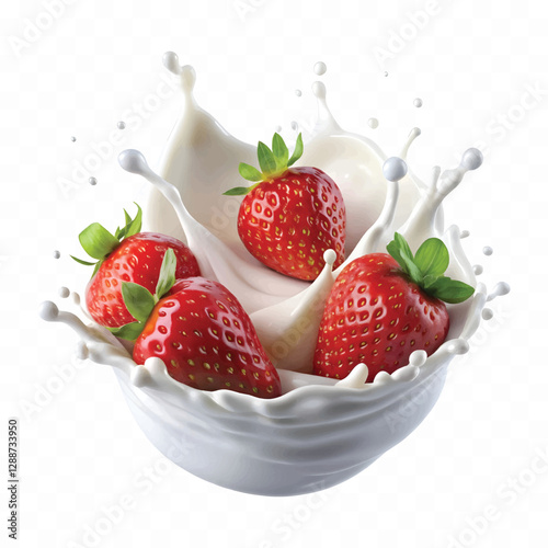 realistic 3d strawberry in a splash of milk or yogurt  isolated on white background	
