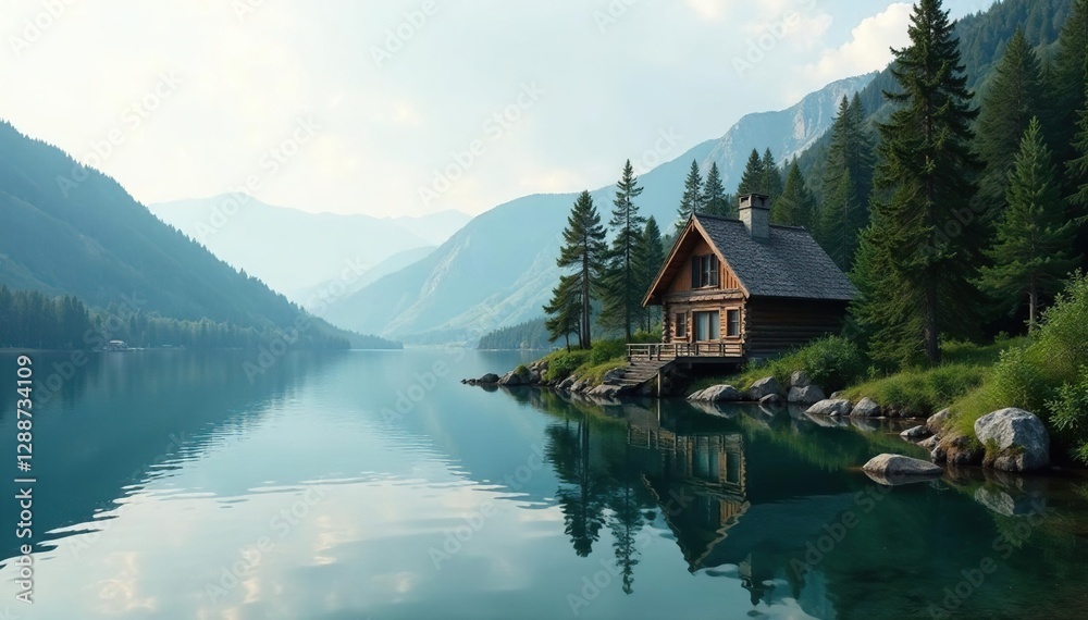 Fototapeta premium An isolated cabin on the shores of a peaceful lake, rustic retreat, calmness